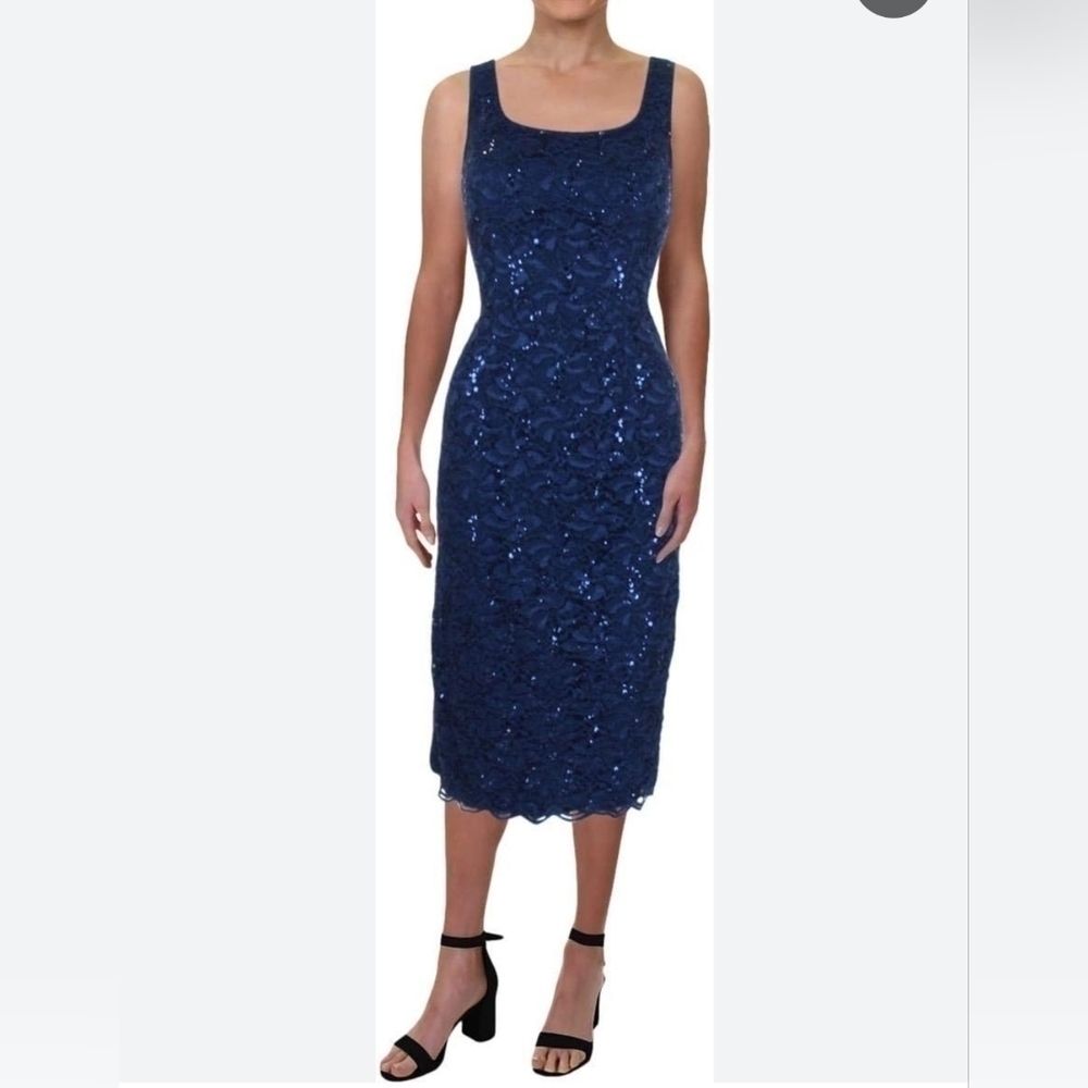 Alex Evenings|Womens Sequined Blue Lace Evening Dress Scalloped Hem Sz.18